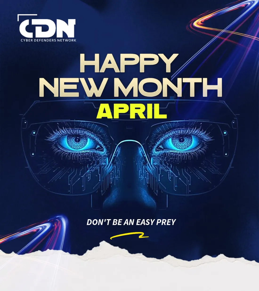 Awareness graphic with glowing eyes behind a circuit visor